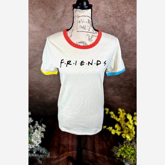 Friends Rainbow T-shirt Beige with Multicolor Neck and Cuffs M - Picture 4 of 8